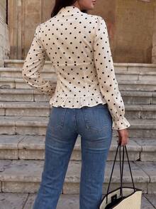 QUNGIGU Women Casual Polka Dot Deep V Neck Top Ruffle Cuff Waist Cinching For Travel Going Out Fall Winter Outfits - Black and White - View 8