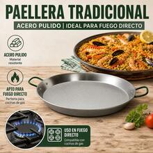 Polished Steel Paella Pan 34 Cm For 6 Servings, Traditional Pan With Green Handles For Rice And Stews, Durable Cookware, 34.5x44.5x5 Cm - View 3
