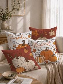 Autumn Vintage Brown Pumpkin Pattern Cushion Cover 4-Piece Set, Single-Sided Printed Peach Skin Polyester Fabric, 45*45CM Throw Pillow Covers For Modern Fabric Sofa Indoor Decor, Party Decoration, Gift Giving - Multicolor - View 6