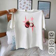 Women White Oversized Crew Neck Short Sleeve Cotton T-Shirt Abstract Red Splash Graphic Streetwear Spring Summer Breathable - White - View 3