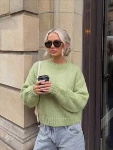 Women's Cozy Knitwear Round Neck Drop Shoulder Long Sleeve Regular Length Sweater, Perfect For Fall Daily Wear - Olive Green - View 6