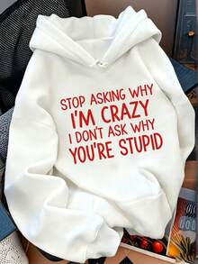 Autumn Vacation New Fashion Versatile Minimalist Casual Personalized Fun Quote Print Crew Neck Long Sleeve Hooded Sweatshirt For Women - White - View 3