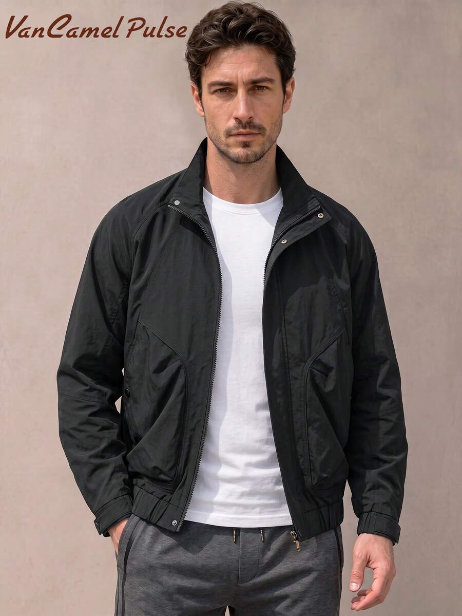 Vancamel Pulse Jaket Olahraga Luar Ruangan Pria Warna Polos dengan Kerah Tegak dan Resleting, Jaket Pendek Kasual Ringan dengan Bahu Longgar dan Saku Besar - Hitam - View 1