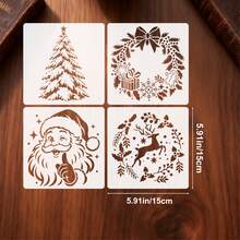 4pcs Christmas Templates, Including Various Classic Holiday Patterns: Christmas Tree, Reindeer Wreath, Santa Claus, Snowflake And Deer Patterns. Can Meet All Your Christmas Theme Related DIY Creative Needs. - A - View 2