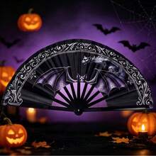 Halloween Gothic Bat Gargoyle Print Folding Hand Fan, Plastic Black Ribs Style 1pc, Dark Mysterious Style Decorative Cooling Fan, Suitable For Theme Parties, Daily Outings And Gothic Style Events - A - View 12