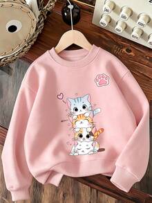 2pcs/Set Crew Neck Sweatshirt And Flared Pants Set For Girls, Printed With 4 Cute Cats Pattern, Suitable For Autumn/Winter Daily Wear - Multicolor - View 5