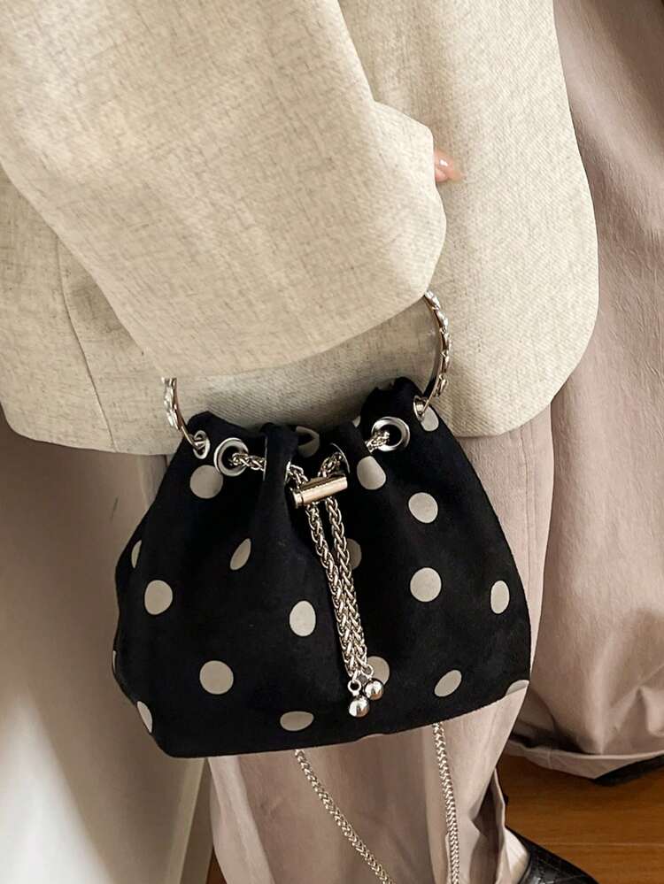 Handbag With Polka Dot Print, Metal Ring Handle, Chain And Drawstring Decor, Vintage Vibe, Exquisite Niche Bag, Suitable For Daily Shopping, Dating, Gathering, Travel, Elegant Elegant Fashion Outfit, Drawstring Bucket Handbag - Black - View 6