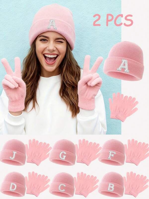 2pcs/Set Women's Exquisite Pearl Letter Decor Beanie And Gloves Set, Fashion Casual Versatile Warm Hat, Suitable For Autumn/Winter Daily Outdoor