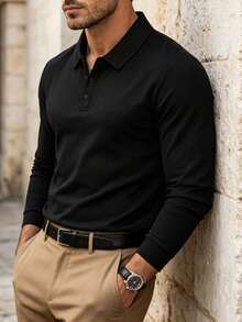 Men's Spring/Autumn Fashion Casual Loose Fit Long Sleeve Polo Shirt With Turn-Down Collar, Suitable For Daily Commute And Travel - Black - View 6