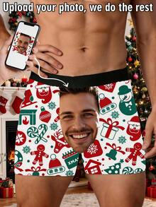 Calzoncillos bóxer blancos para hombre con estampado personalizado de cara, estampado de muñeco de nieve y hombre de jengibre de dibujos animados navideños, ropa interior personalizada con foto, regalo de Navidad para novio/esposo - Blanco - Ver 2
