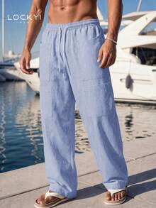 1pc Men's Japanese Casual Style Fine Vertical Striped Patch Pocket Wide Leg Loose Silhouette Straight Leg Long Pants - Blue - View 10
