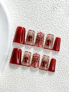10片萬聖節主題手工穿戴甲，甜酷風 Polygel 凝膠美甲套組，血紅色蜘蛛設計，含美甲工具，3種尺寸可選，杏仁/鴨嘴/棺材形，適合派對、舞會與日常佩戴 - 彩色 - 查看 12