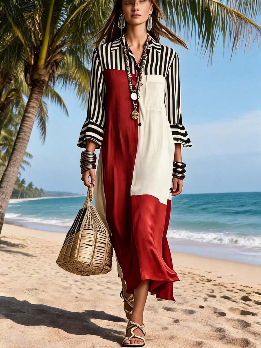 Color- Blocked Striped Long Sleeve Shirt Dress With Loose Fit And Slit For Vacation And Beach - Red - View 1