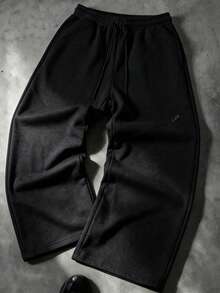 Men's Black Drawstring Straight Leg Sweatpants, Diagonal Split Panel Design With Small Label Decoration, High Waist Tie Design, Knitted Fabric, Loose Drape Casual Pants, Minimalist Daily Commute Trousers, Suitable For Commuting, Streetwear, Home Leisure, Vacation Travel - Black - View 5