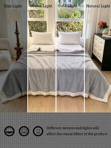 1pc Light Gray Skin-Friendly Soft Comfortable Milk Velvet Lamb Fleece Double-Layer Folded Edge Blanket, Sofa Throw, Bed Blanket, Coverlet, Machine Washable, All-Season, Suitable For Bedroom And Guest Room - Light Grey - View 7