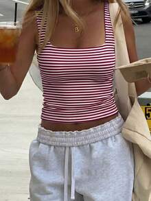 Women's Casual Striped Knit Tank Top, Summer - Red and White Stripes - View 7