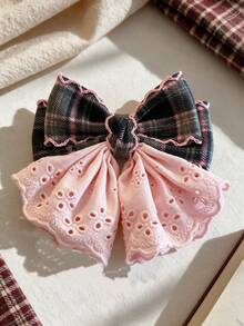 1pc Girls' Autumn/Winter Soft Cute Versatile British Academy Style Dual-Color Plaid Lace Hem Bow Half-Up Hair Clip, Suitable For Matching Clothes, Daily Wear, School Use - Pink - View 4