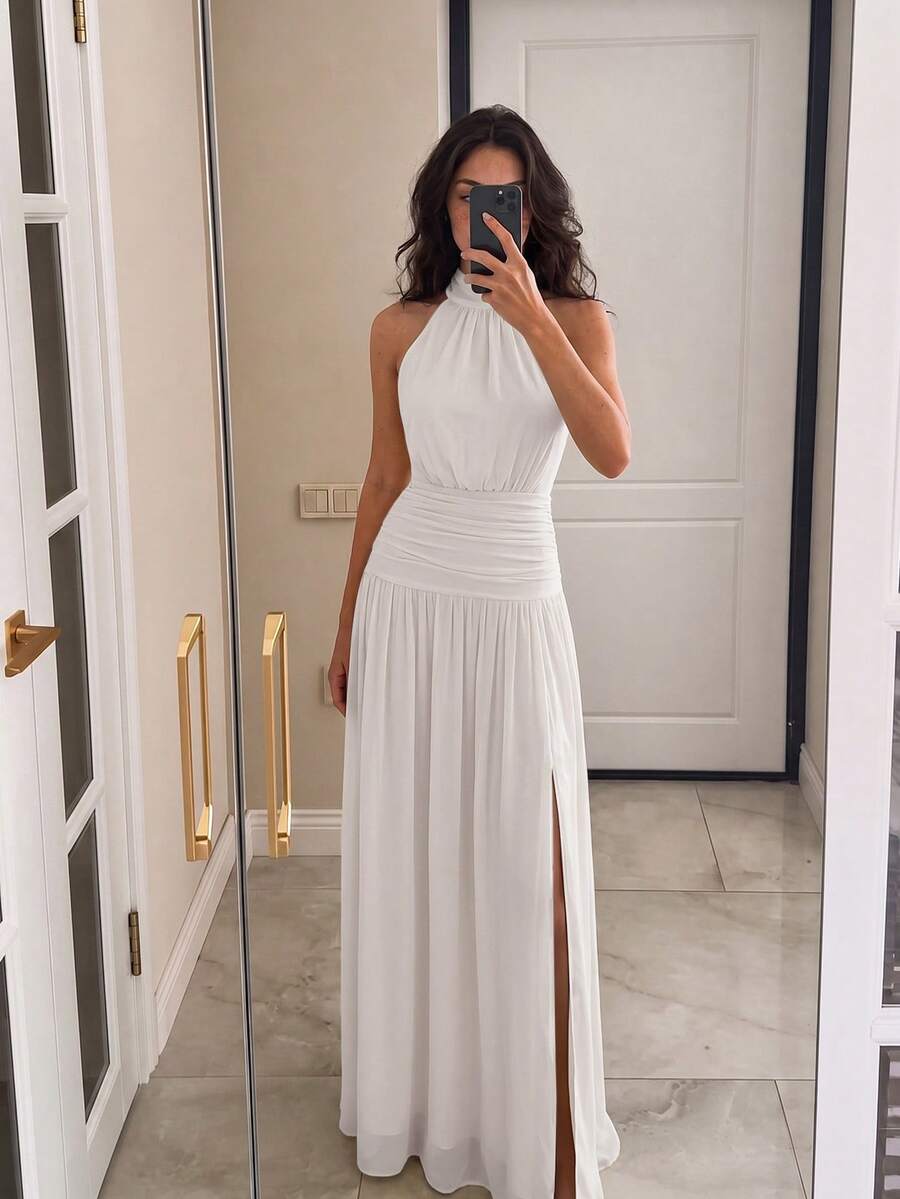 Elegant White Halter Ruched Waist Backless Mesh Maxi Dress, Perfect For Beach Vacation, Going Out Wear, Summer Party, Graduation - White - View 1