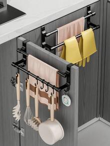Black Double Bar Towel Rack Over-The-Door Towel Bar No-Drill Wall-Mounted Towel Storage Rack Great For Hanging Towels, Spoons And Utensils Suitable For Kitchen Bathroom Practical Hook-Style Storage Rack Designed Keeping Kitchen Tidy - Multicolor - View 2