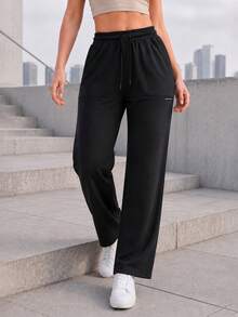 Women's Casual Straight Leg Pants With Elastic Drawstring Waist And Front Pockets, Relaxed Everyday Trousers - Black - View 2