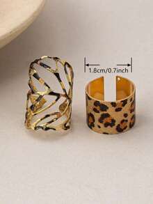 2pcs Fashionable Exquisite Elegant Retro Leopard Print & Leaf Combination Open Ring, Suitable For Women's Daily Wear - Multicolor - View 5