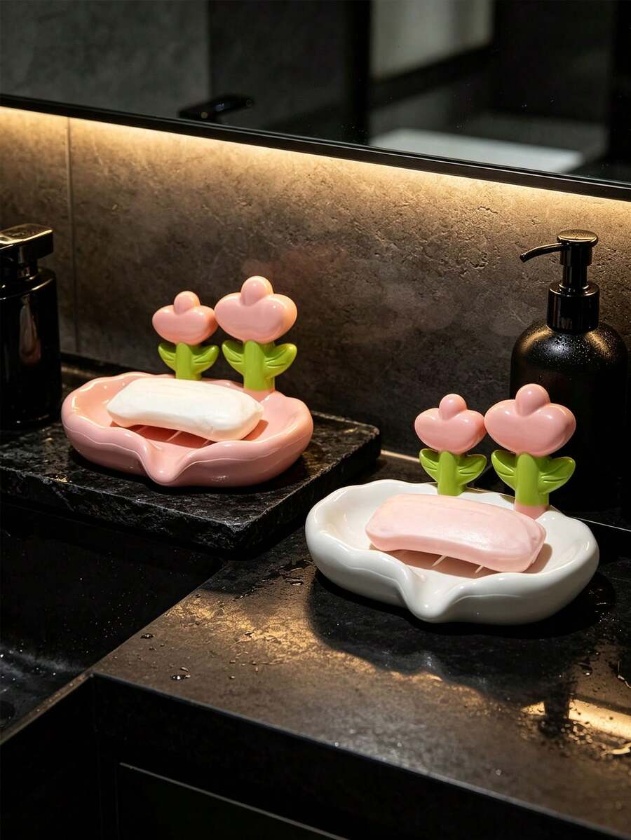 1pc Pink & White Floral Pattern Soap Dish, Flower-Shaped Soap Holder With Slanted Drainage Design, Bathroom Countertop Soap Storage Decor, Home Daily Use