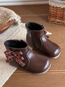 Girls' Vintage Plaid Bow Ankle Boots, Inner Zipper Soft Sole Non-Slip Boots, Sweet Princess Ankle Boots For Autumn/Winter - Brown - View 2