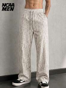 Men's Vintage Plaid Jacquard Wide Leg Knit Drawstring Elastic Waist Textured Straight Casual Long Pants - Apricot - View 1