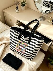 Large-Capacity, Retro-Style Tote Bag Featuring Stripes And Cute Letter Prints-Perfect For Women And An Excellent Gift Choice. - Multicolor - View 4