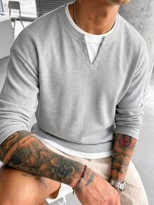 Blueprint Man 1pc Men's Gray 2 In 1 Henley Collar Long Sleeve Sweatshirt, Fine Vertical Textured Fabric, Soft And Breathable, Unique Small V-Neckline For Layered Look, Solid Color Minimalist Style, Suitable For Commuting, Daily Wear And Travel - Grey - View 2