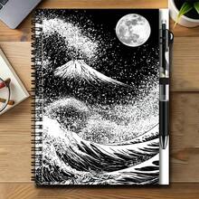 1 Set Japanese Ukiyo-E Style 2D Spiral Coil Notebook And Pen Set, Black And White Wave And Moon Artistic Collision. Great Helper For Work And Study, Suitable For Diary, Daily Planning And Memo. Premium Gift Choice For Graduation, Birthday And Other Occasions, Inspiring Writing And Beautiful Daily Life, Accompanying You To Start Every Moment Of Recording. - 1 Book + 1 Pen - View 8