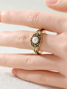 Gmzalx Vintage Embossed Ring With Faux Pearl Round Main Stone, Bohemian Style Handmade Fashion Jewelry For Women - Gold - View 7