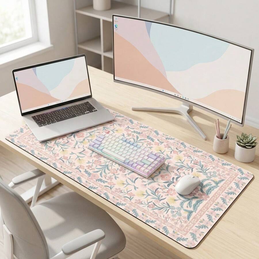 ICasso Pink Floral Pattern Desk Mat, Non-Slip Rubber Base, Fine Stitched Edges, Can Be Used As Mouse Pad, Desk Protector, Study Mat, Keyboard Pad, Multiple Sizes Available, 15.7*35.4 Inches (40*90 Cm), Ideal Gift For Birthdays And Holidays - Computer Keyboard Pad, Laptop Pad, Suitable For Gamers, Office Workers And Students, Minimalist Design. 1 Piece - Multi-color - View 1