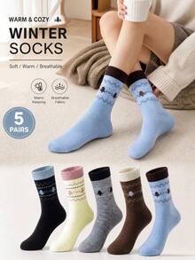 5 Pairs Women's Multi-Color Small Tree Jacquard Mid-Calf Socks, Soft, Warm, Breathable, Vintage , Autumn/Winter Home & Commute Socks - Multicolor - View 6