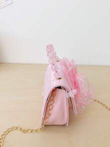 1. 粉色亮片手提包,配網格蝴蝶結、美人魚貝殼裝飾、珍珠手柄,女童鏈條斜挎小包 - 粉色 - 查看 6