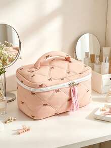 Quilted Embroidery Bow Hand‑Held Makeup Bag, Large Capacity Makeup Bag Set, Travel Toiletry Bag, Sanitary Napkin Storage Bag, Coin Purse,Zipper Wallet - Pink - View 3