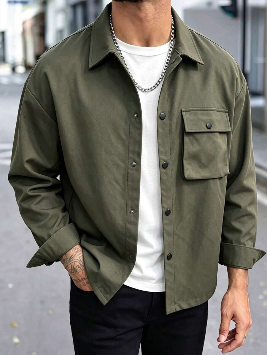 Men's Solid Color Pocket Long Sleeve Jacket With Turn-Down Collar - Army Green - View 1