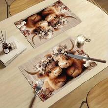 1/4/6pcs Autumn Series Highland Long-Haired Cow Floral Pattern Printed Placemats, Heat-Resistant Table Mats For Home Kitchen/Table Protection, Kitchen Dining Table Party Scene Decoration - Multicolor - View 10