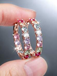 CHICAT 1 Pair Elegant Colorful Crystal Pink Rainbow Synthetic Cubic Zirconia Hoop Earrings - Shiny Luxury Wedding Birthday Party Jewelry - Rose Gold - View 4