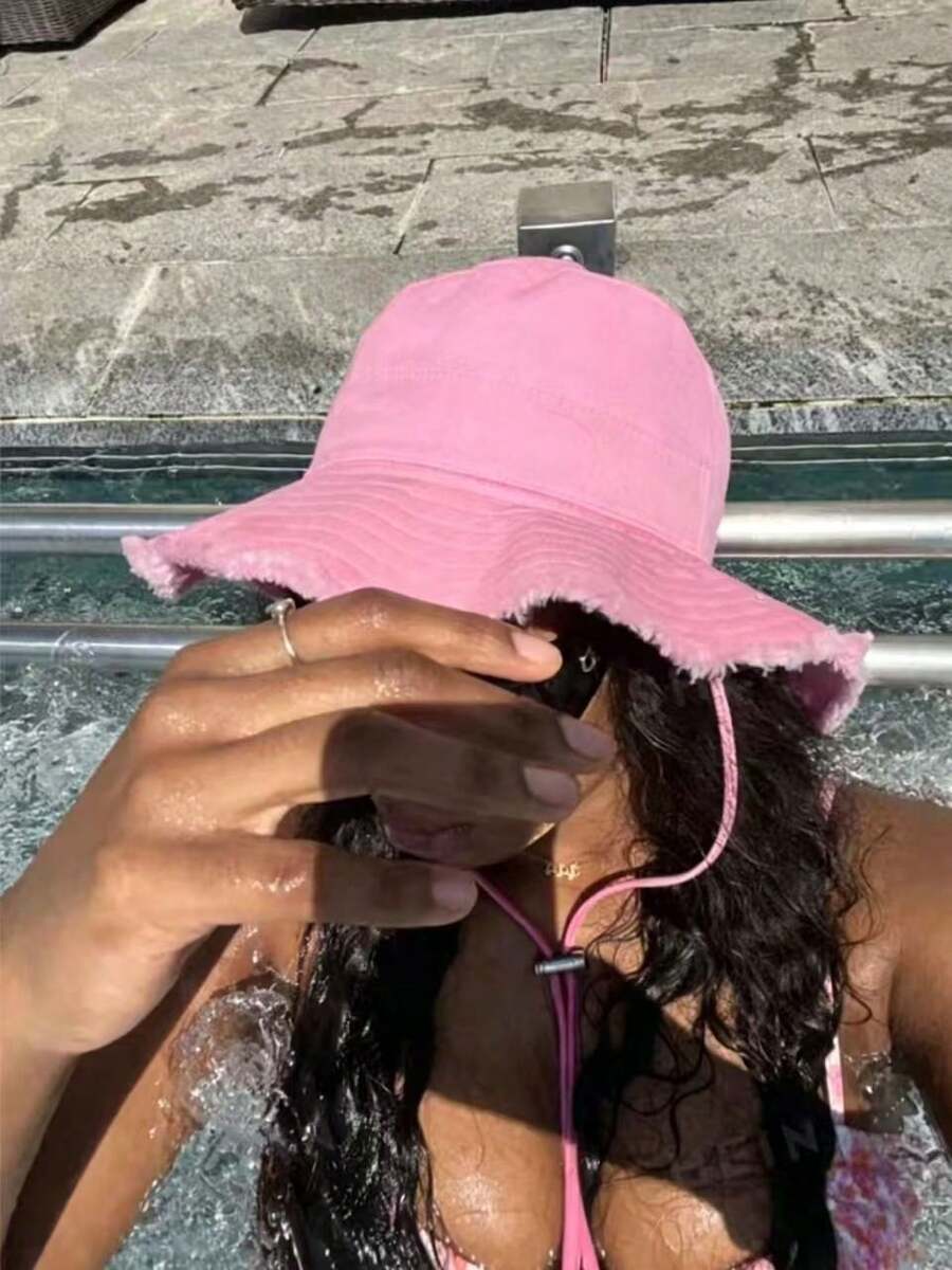 1pc Women's Drawstring Bucket Hat, Adjustable Shoulder Strap, Distressed Soft Fabric, Sun Protection & Windproof, Suitable For Beach Vacation And Daily Wear - A - View 1