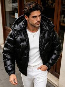 Men's Winter Thick Glossy Fashion Detachable Hooded Padded Coat - Black - View 3