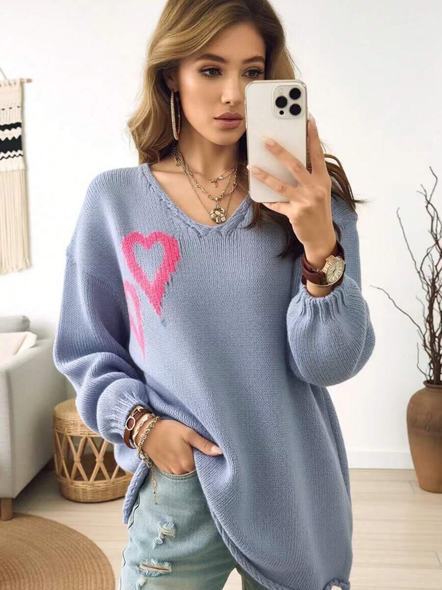 Plus Size Women V-Neck Heart Jacquard Sweater Pink Love Pattern Knit Pullover Long Sleeve Soft Warm Top Autumn Winter Sweet - Gray Blue - View 1
