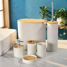 Bathroom Accessories Set 4 Pcs/6 Pcs, Wash Set With Bamboo Lid Opposite Straps/EssentialsBath Accessories, DecorationBathrooms - White - View 2
