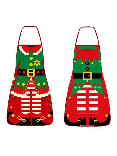 2pcs/1pc Christmas Apron With Christmas Pattern - Christmas Green Elf Print Pattern, Couple Aprons For Men And Women, Suitable For Christmas Party, Apron Kitchen,