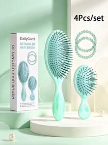 4 PCS Marble Pattern Dual-Use (Dry/Wet) Fluffy Non-Tangling Smooth Hair Comb For Ladies, Massage Comb With Air Cushion, Hairbrush Set, 2 Bracelets - Multicolor - View 6