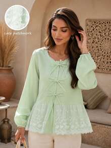 Women's Spring/Autumn Elegant Romantic Casual Sweet Bow Round Neck 3/4 Sleeve High Waist Embroidered Patchwork Blouse, Versatile Shirt For Commute, Date, Party, Holiday, Vacation, Daily Outings, Tops, Fall Tops - Mint Green - View 1