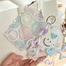 Cute Smile & Heart Pattern Transparent Acrylic Wavy Edge ID Card Holder With Spring Ring Wrist Strap, Suitable For Student Campus Card, Meal Card, Metro, Bus And Elevator Card, Card Holder Protective Case, Bag Decoration - Multicolor - View 4