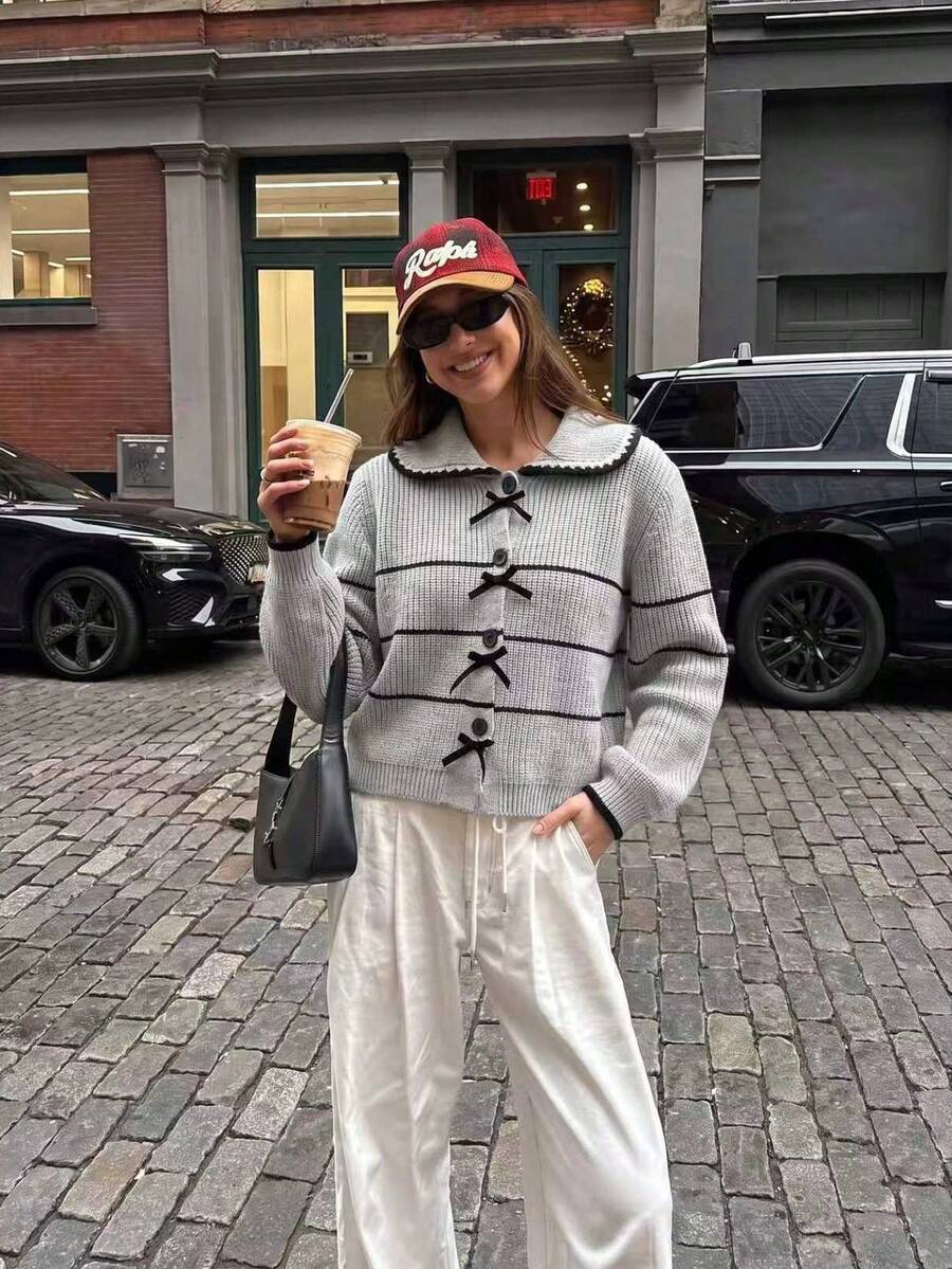 Women's Bow Detail Knit Cardigan, Striped Wide Collar Loose Fit Sweater Top, Suitable For Daily Wear And Holiday Outfits - Baby Blue - View 1