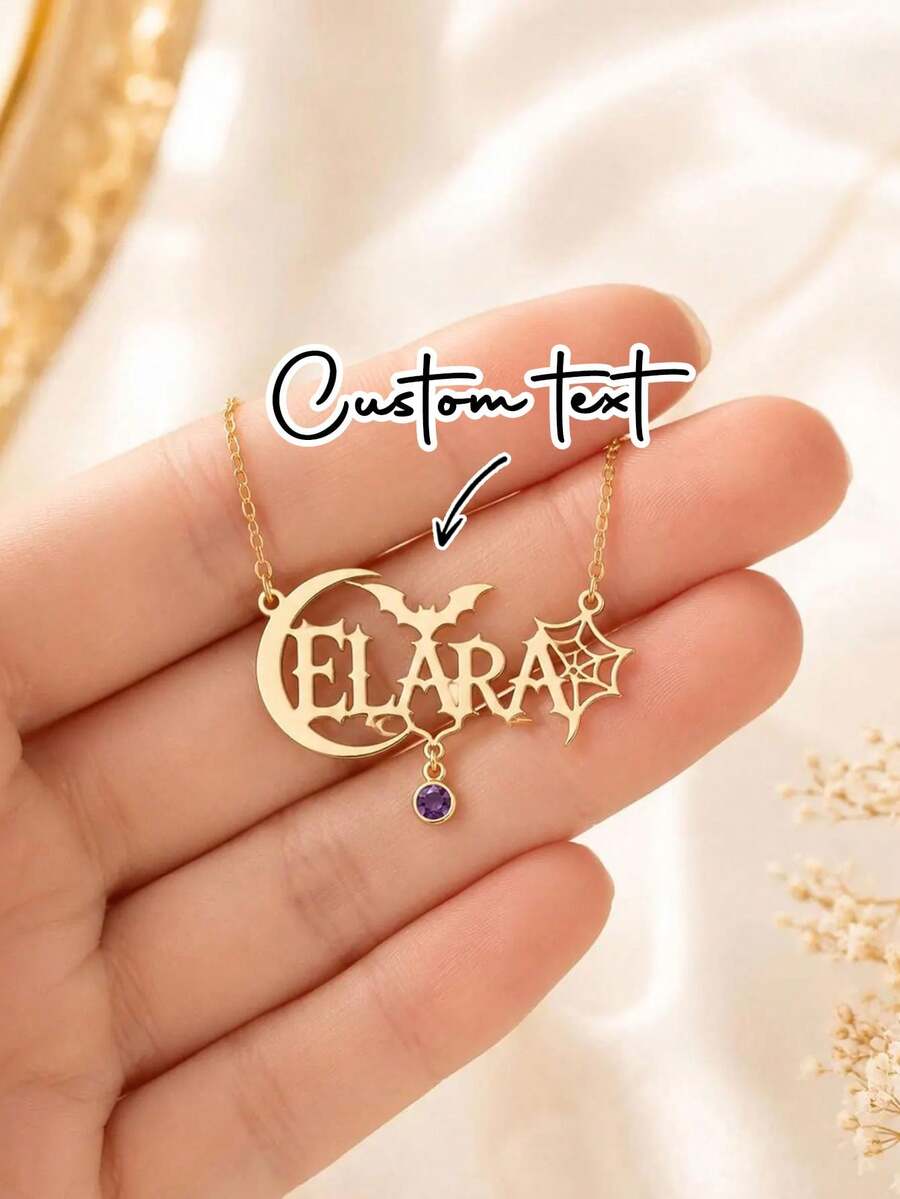 Personalized Gothic Custom Name Necklace, Halloween Bat & Moon Pendant, Customized Birthstone Gift - Multicolor - View 1