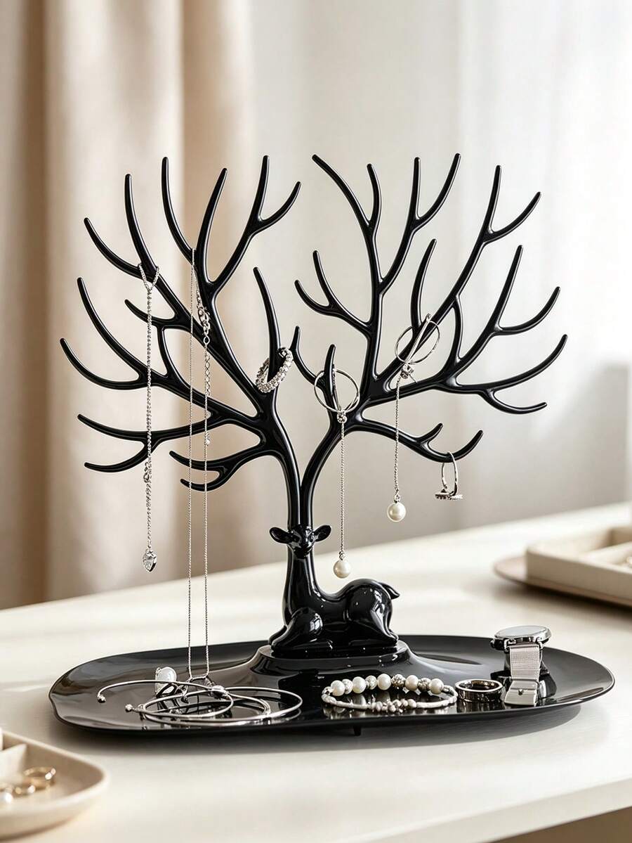 1pc Deer‑Antler Shaped Jewelry Stand, Branch‑Designed Hooks With Base Perfume Tray, Multi‑Purpose Holder For Earrings Necklaces Rings Keys, Jewelry Box Display Piece, Room Decor For Vanity Countertop, Bedroom And Holiday Gift Occasions